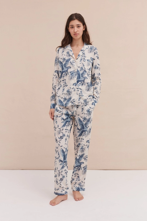 Long Pyjama Set Bromley Parrot Print Cream/Blue