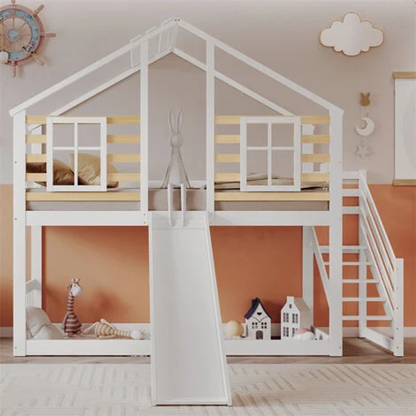Lit superposé 90x200cm pour 2 enfant - lit cabane en bois avec escalier et barrière, avec toboggan et fenêtre avec sécurité anti-chute - balnc