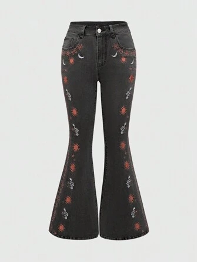 ROMWE Embroidered Flared Jeans With Sun, Moon, Stars And Planets Design, School