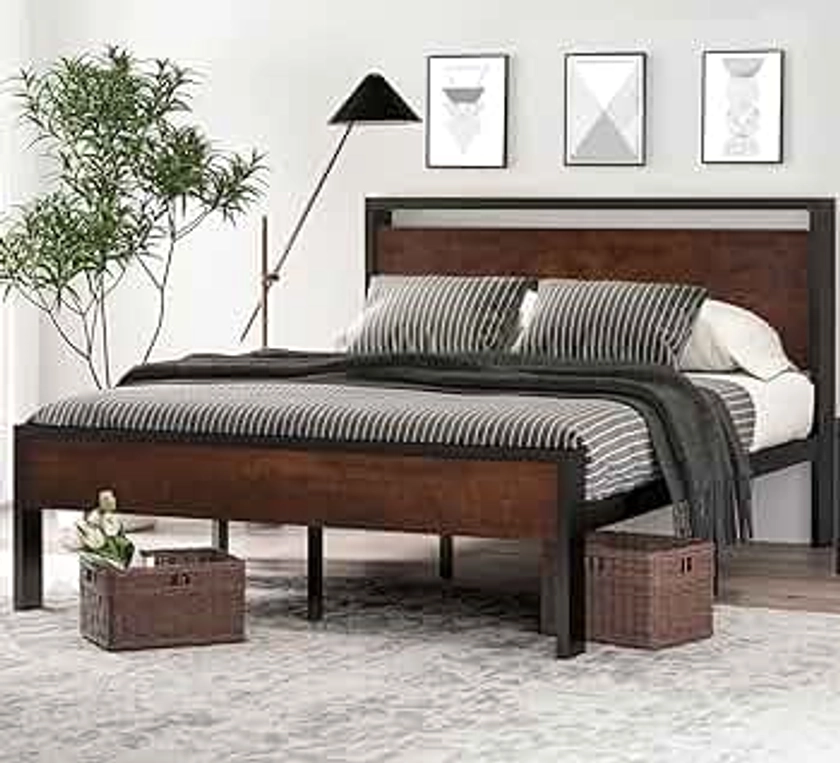 SHA CERLIN 14 Inch Queen Size Metal Platform Bed Frame with Wooden Headboard and Footboard, Mattress Foundation, No Box Spring Needed, Large Under Bed Storage, Non-Slip, Mahogany