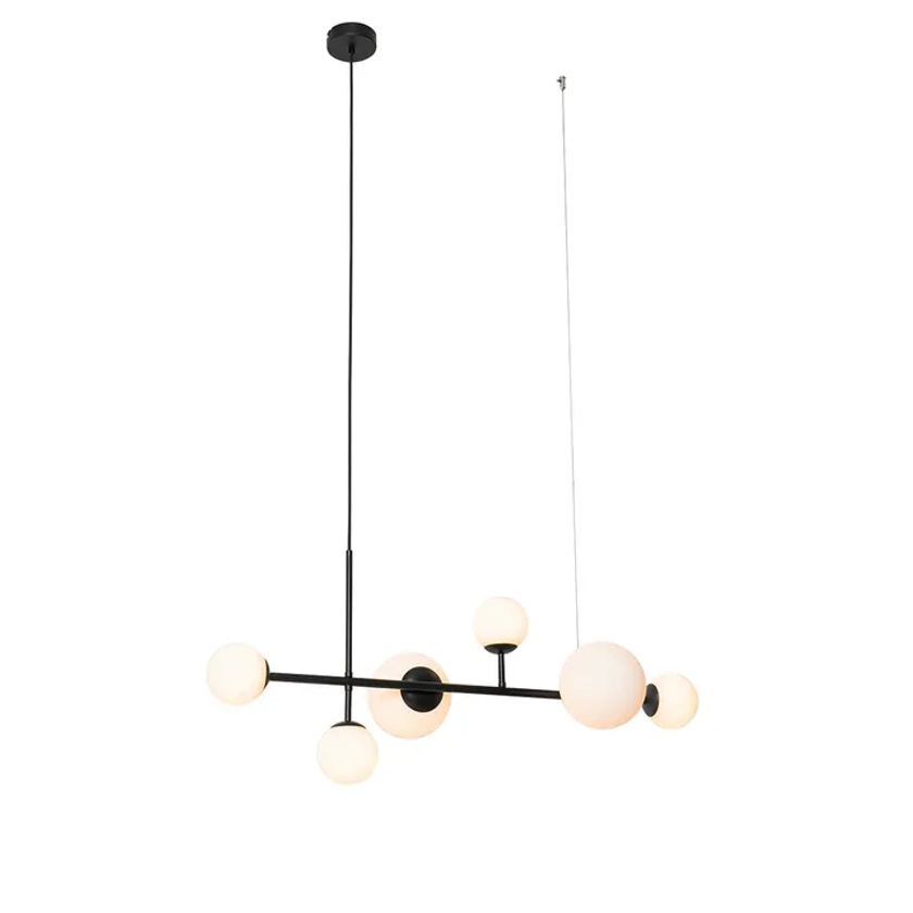 Moderne hanglamp zwart met mat glas 6-lichts - Monaco