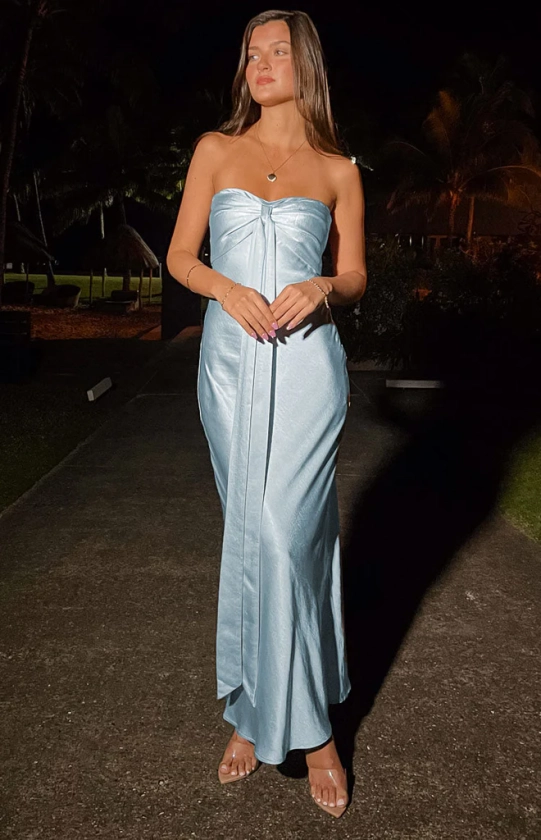 Ariella Blue Satin Strapless Maxi Dress
