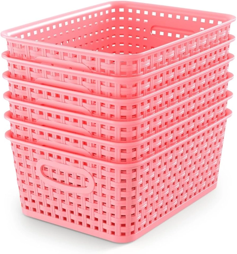 WYT 6-Pack Plastic Small Shelf Storage Weave Baskets Organizing for Cabinets and Pantries, Pink