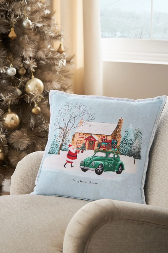 Grey 100% Cotton Santa Scene Christmas Cushion