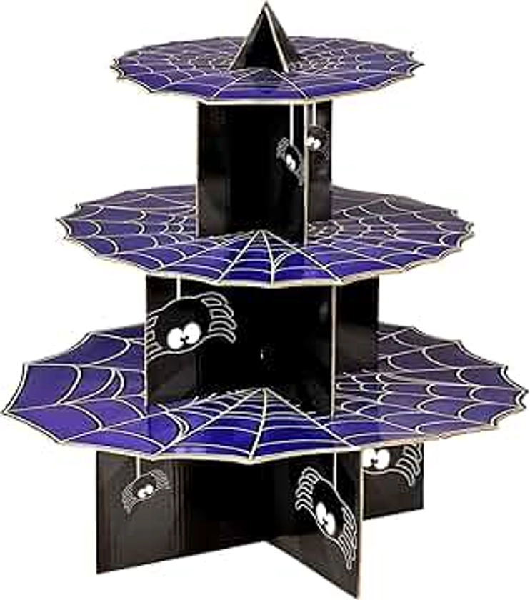 Premier Housewares Spider Cake Stand 3 Tier Cake Stand Cardboard Cake Stands for Afternoon Tea Stand Purple/Black Cupcake Stand W36xD36xH37