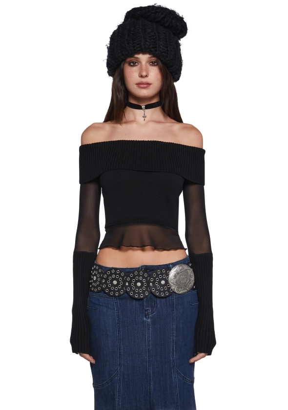 Off-The-Shoulder Patchwork Cropped Sweater Stretchy Ribbed Knit Mesh Current Mood - Black