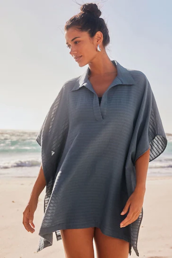 Blue Textured Longline Overhead Shirt Cover-Up