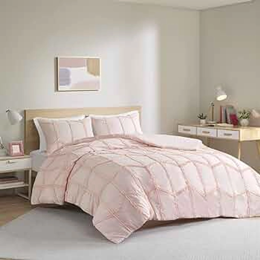 Intelligent Design Jolene Comforter Set Pleated Chiffon Ruffled Trim Geometric Design, All Season, Cozy Bedding, Matching Sham, Twin/Twin XL(68"x90"), Pink 2 Piece