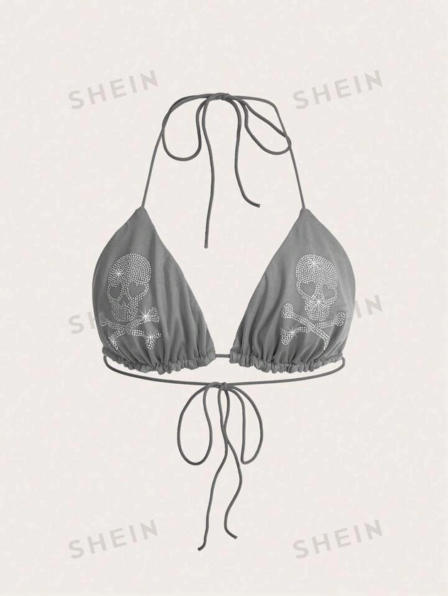 SHEIN ICON Women'S Tight-Fit Skull Rhinestone Embellished Halter Neck Strap Tank Top