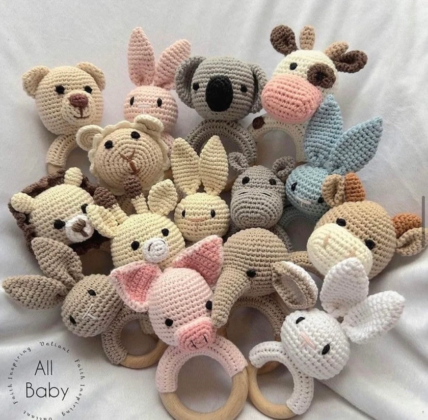 Personalised Crochet Wooden Animal Baby Rattle, New Baby Gift, Handmade Wooden Animal Toy, Baby Shower Gift, Newborn Baby Rattle. - Etsy UK