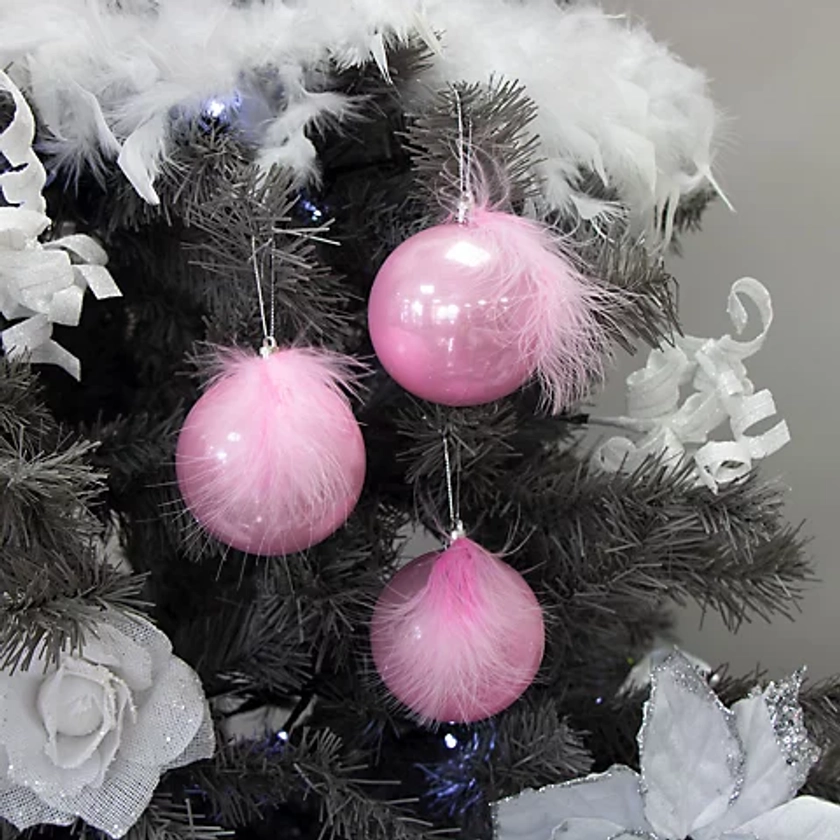 Melody Maison Set of 3 Pearlescent Pink Feather Baubles - 8cm | DIY at B&Q