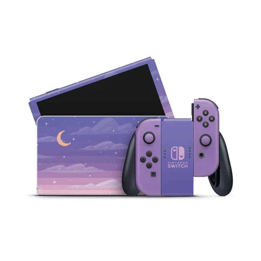 Nintendo Switch OLED Model Skin Wrap Premium Vinyl Purple Pink Pixel Moon