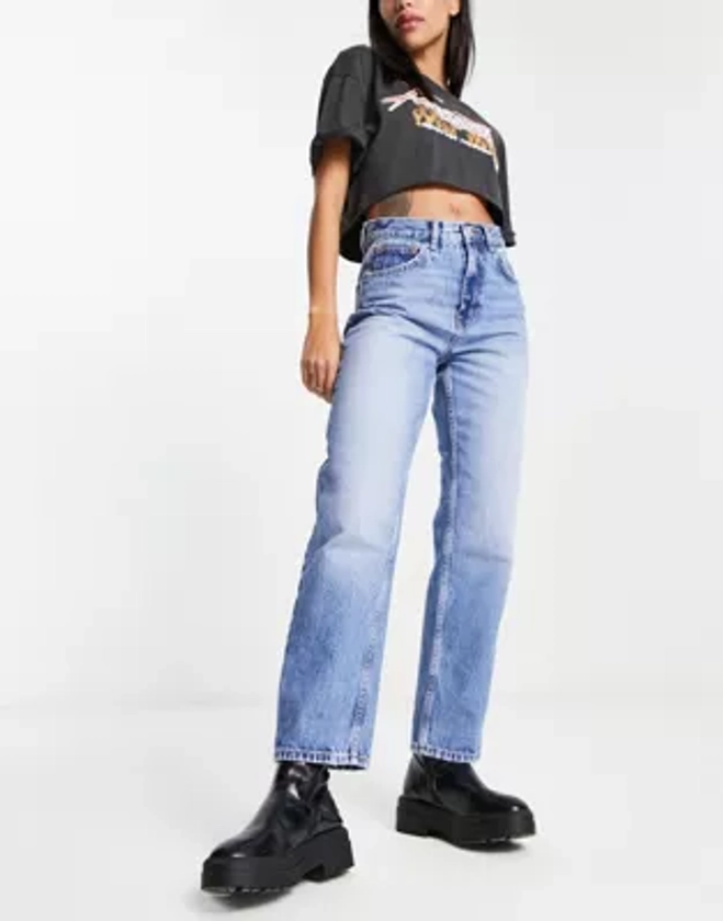 ONLY Robyn high waisted straight leg jeans in mid blue | ASOS
