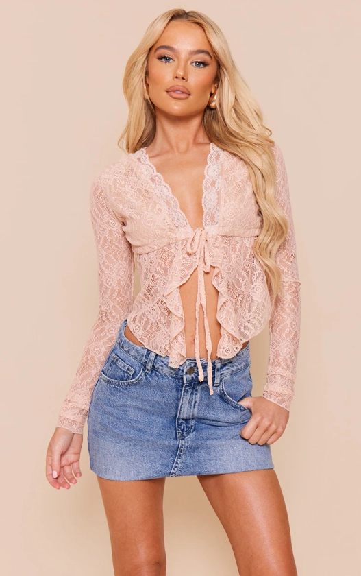 Stone Lace Long Sleeve Tie Front Shirt | Tops