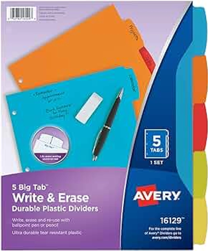 Avery Big Tab Write & Erase Durable Plastic Dividers for 3 Ring Binders, 5-Tab Set, Bright Multicolor, 1 Set (16129)