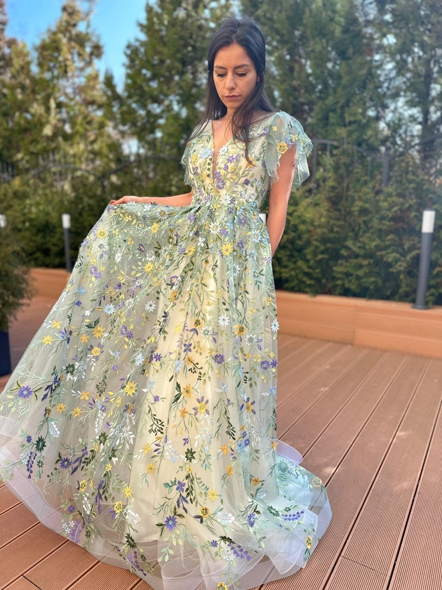 Floral Wedding Dress Alternative - Embroidered Fairy Dress - Colorful Unique Gown - Dresses Dioma