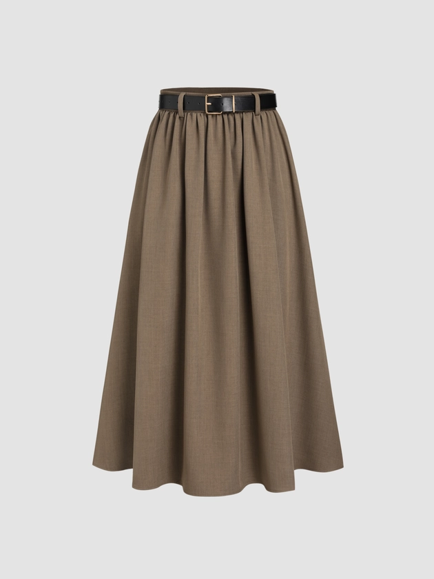 High Waist Solid Belted Maxi Skirt