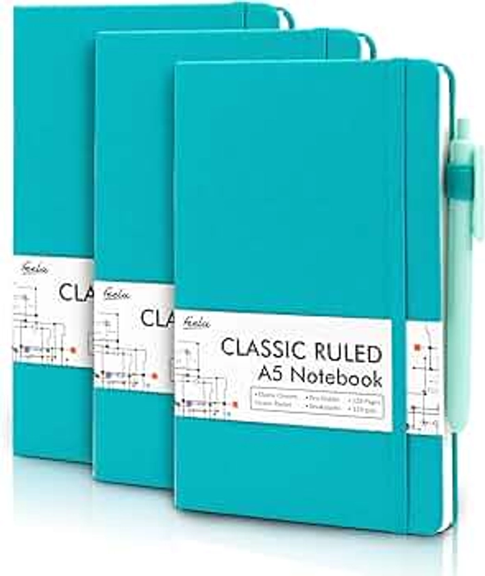 feela A5 Notebooks Multipack, 3 Pack Ruled Lined Notepads A5 (120 GSM), Hardback Journal Notebook with 3 Black Gel Pens for Work, Study, Journaling, Note Taking, 128 Pages/Pack, 21 x 13 cm, Emerald