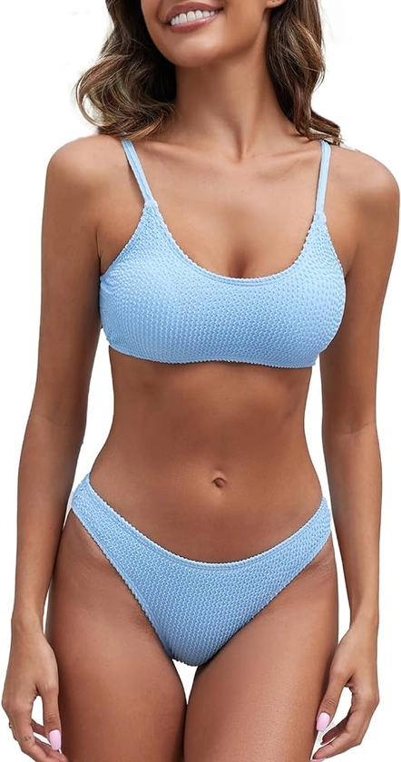 Amazon.com: Fanuerg Women's Ribbed Bikini Sets Scoop Neck Cheeky Swimsuit Textured Two Piece Bathing Suit Light Blue L : Clothing, Shoes & Jewelry