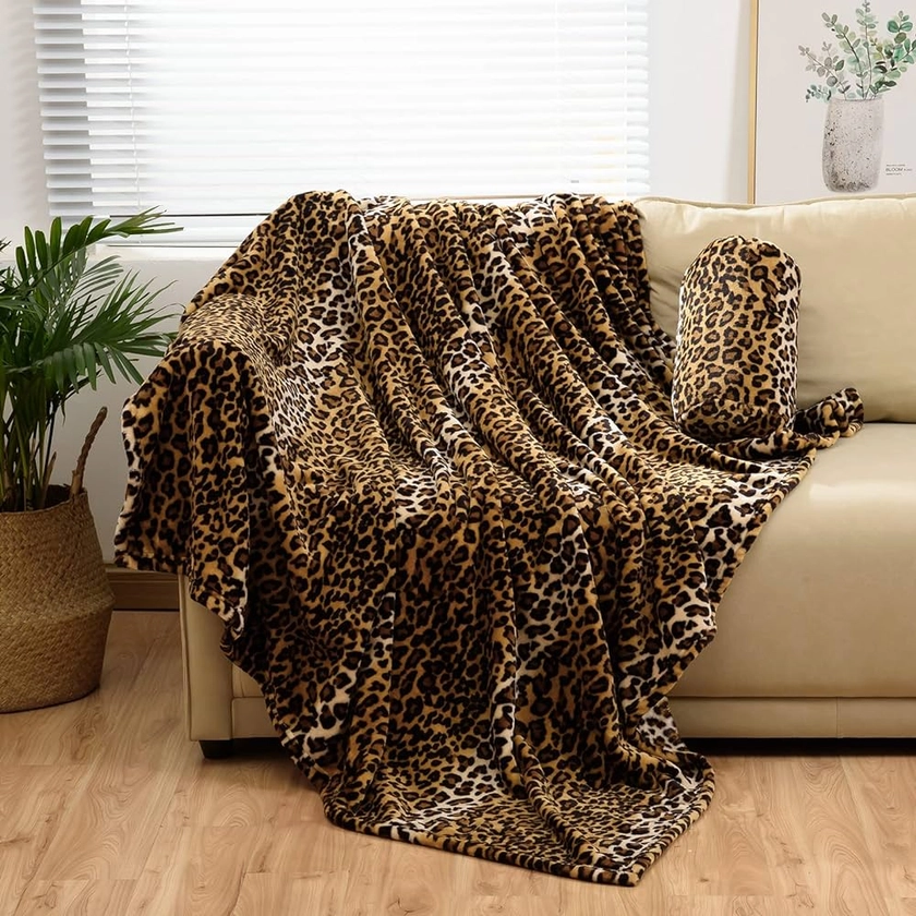 BNuitland Leopard Print Fleece Flannel Throw Blanket(50x70inch) with Leopard Storage Pouch,300 GSM Double Sided Bed Throw,Lightweight Fuzzy Sofa Blanket for Adults and Kids,Super Soft Flannel Throw