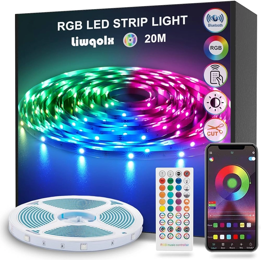 Ruban LED 20m, RGB Bande LED Bluetooth Smart App Contrôle, Multicolore Ruban Led avec Télécommande, Changement de Couleur avec la Musique, pour Chambre, Fête, Cuisine