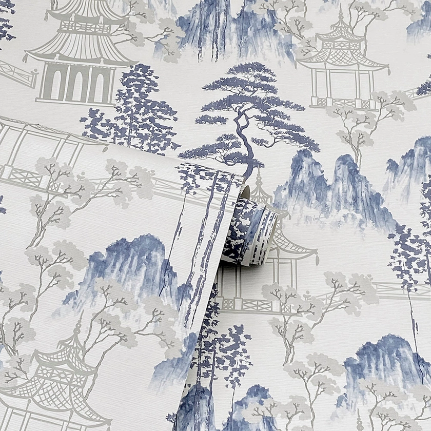 Japanese Pagoda by Arthouse - Blue Grey - Wallpaper : Wallpaper Direct