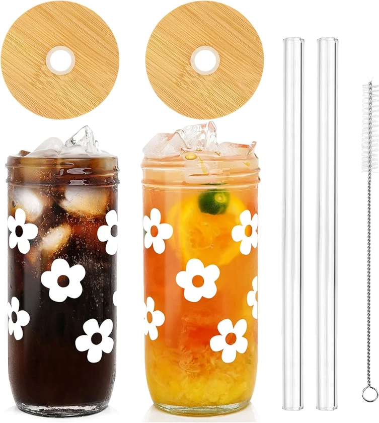 ANOTION Jolies tasses en verre avec couvercles et pailles, bocaux Mason avec motif floral, couvercle en bambou, tasses à café glacé, tasses à café de voyage, parfaites pour le café, les smoothies