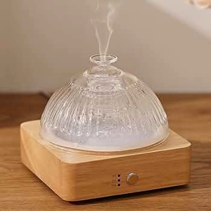 Glass Essential Oil Diffuser with Glass Reservoir & Wood Base, 200ml Ultrasonic Lock Color Timer Auto-Off 7 Color Light Aroma Glass Dome Diffuser for Home Office Bedroom Yoga