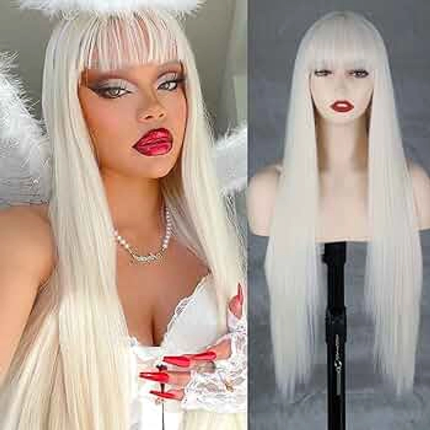 MISSQUEEN Long Platinum Blonde Wigs for Women Synthetic White Blonde Wig with Bangs Straight Platinum White Color Cosplay Wig for Halloween Party 30inch