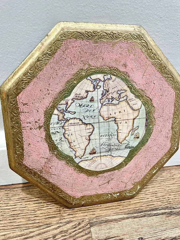 Vintage Italian Wood Gold Leaf World Map Wall Plaque Picture Decor +