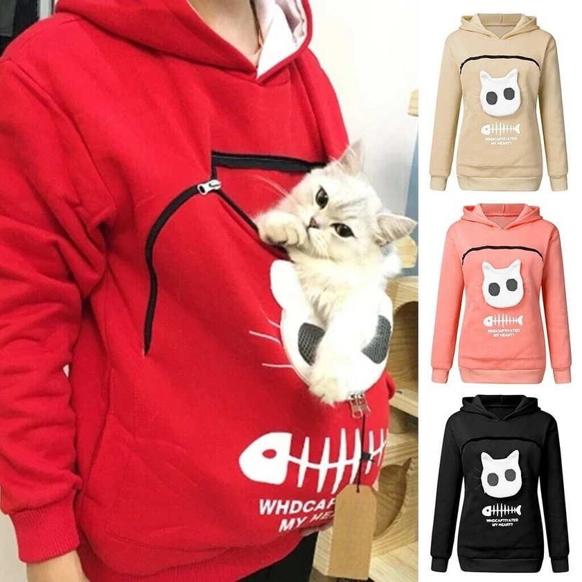 Women&#039;s Sweatshirt Animal Pouch Hoodie Tops Carry Cat Breathable Pullover FS