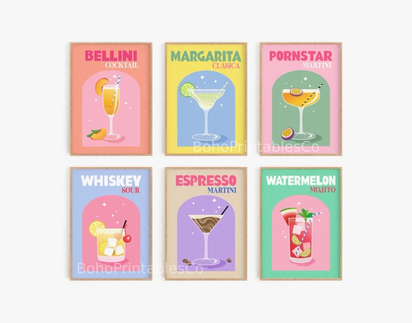 Cocktail Print Set of 6, Bar Cart Printable Wall Art, DIGITAL DOWNLOAD, Retro Cocktail Posters, Colorful Drinks Wall Art - Etsy