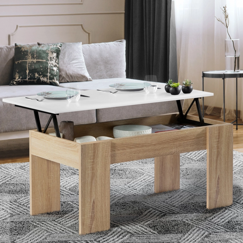 Table basse plateau relevable TARA bois blanc et imitation hêtre | Leroy Merlin