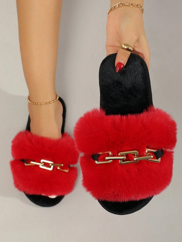 Women Chain Decor Fluffy Home Slippers, Fashionable Indoor Bedroom Slippers