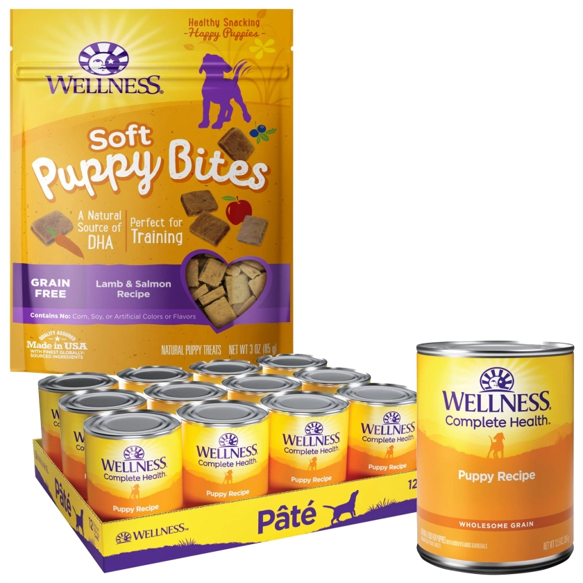Wellness Complete Health Just for Puppy Canned Dog Food & Wellness Soft Puppy Bites Lamb & Salmon Grain-Free Dog Treats