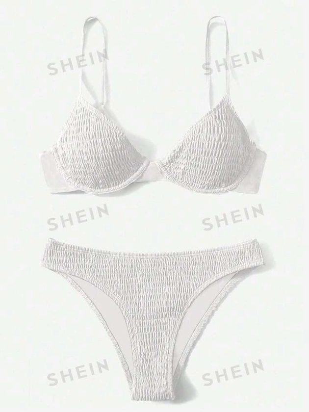 SHEIN Swim Women's Summer Beach Solid Color Wireless Push-Up Bikini Set With Underwire