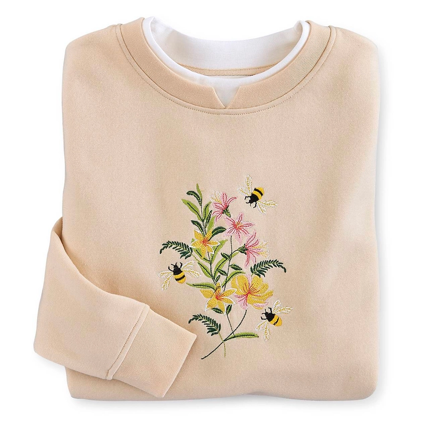 Floral Bees Embroidered Appliquéd Sweatshirt, Sandshell, Inset Collar - Country Store Casual Collection