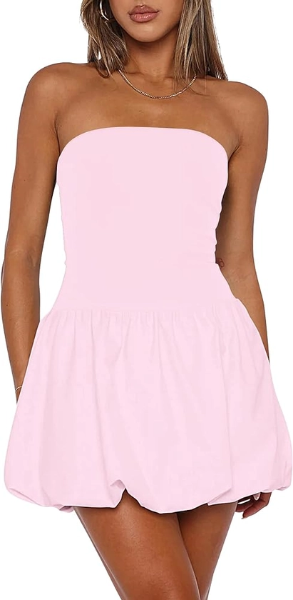 Women Strapless Tube Top Dress Bubble Skirt Cute Summer Mini Short Dresses Bandeau Corset Dress Casual
