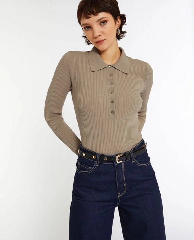 Pull col polo en maille côtelée - Beige