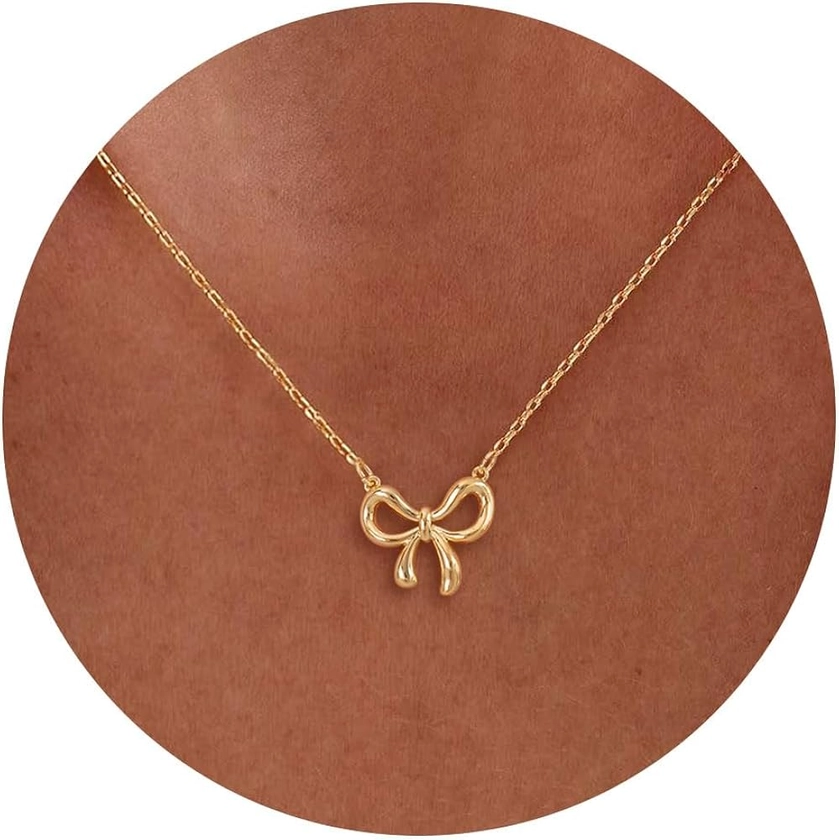 HANLI Gold Necklace for Women - Bow Necklace 14K Gold Plated Dainty Cubic Zirconia Bow Necklace Small Bow Necklace Trendy Necklaces for Women Minimalist Jewelry