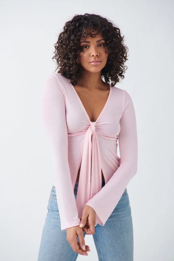 Tie front long sleeve top - Pink - Women - Gina Tricot