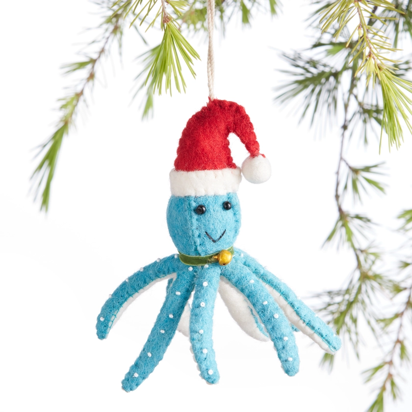 Wool Octopus With Santa Hat Ornament - World Market