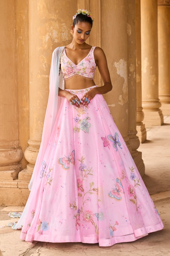 Buy Pink Chiffon Embroidery Beads Plunge V Neck Peonies And Butterfly Lehenga Set For Women by LASHKARAA Online at Aza Fashions.