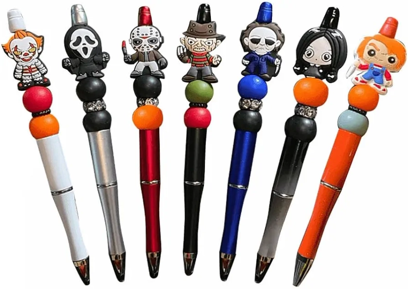 7PCS Horror Beadable Pens Horror Movie Pens Refillable Novelty Ballpoint Pen Set Halloween Spooky Pen Horror School Office Desk Accessories Gift for Adults