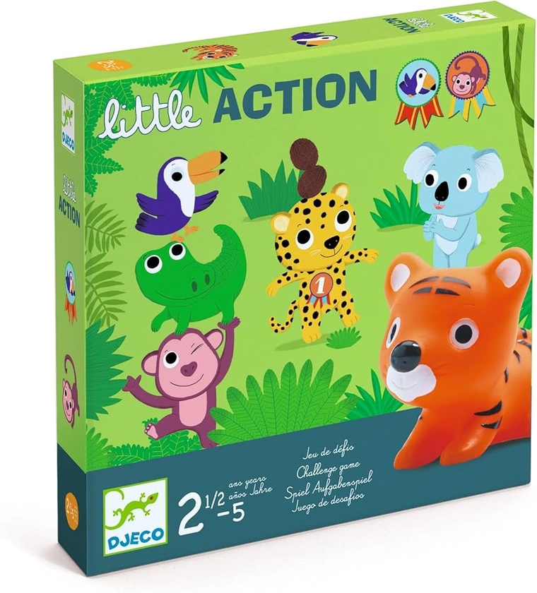 DJECO Little Action - Jeux de Société pour Enfants, 2 à 5 Ans- 6 Figurines Animaux, 20 Cartes Défi, 12 Médailles - Développe Manipulation et Adresse - Pièces Durables et Colorées - 2 à 4 Joueurs