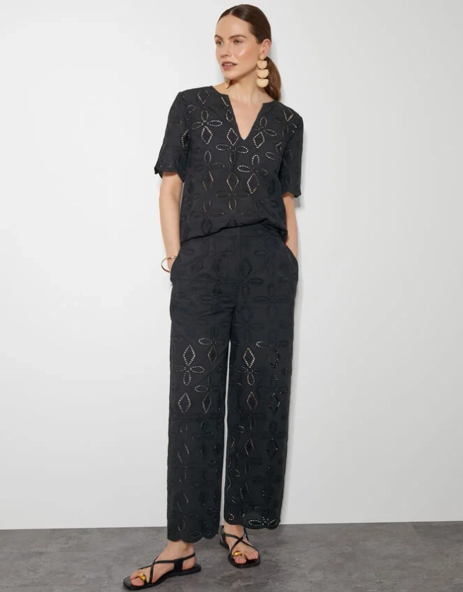 Brooke Broderie Wide Leg Trousers Black