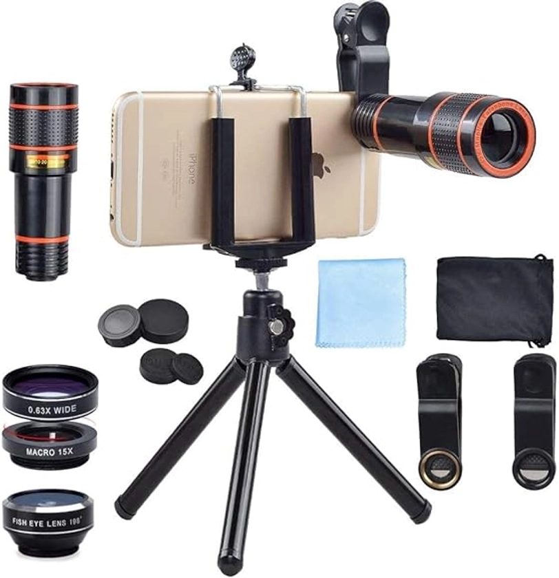 Apexel 4 in 1 12x Zoom Telephoto Lens + Fisheye + Wide Angle + Macro Lens with Phone Holder + Tripod for iPhone 12/11//XS Max/XR/XS/X 8 7 Plus, Samsung, OnePlus, Huawei, Pixel and More Phones