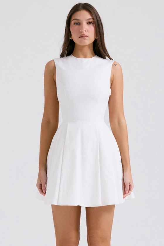 Clothing : Mini Dresses : 'Claretta' White Pleated Cotton Mini Dress