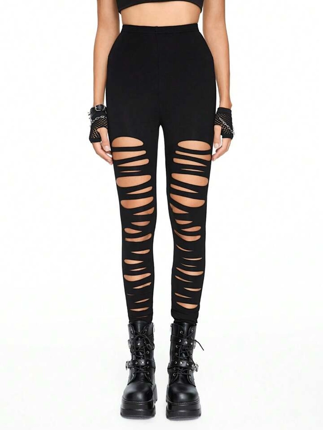 Is That The New Grunge Punk Women's Solid Color Ripped Perforated Leggings ??| ROMWE CANADA