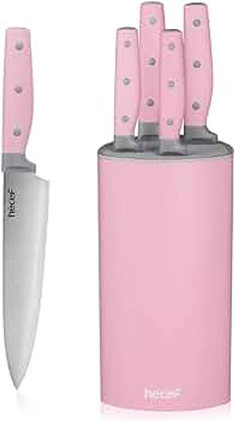 hecef Knife Set, 6 Pieces Kitchen Knives with Universal Knife Block, Stainless Steel Blade with Triple-Rivets Handle, Kitchen Knife Set with Block for Home and Kitchen Pink